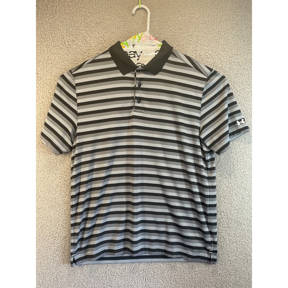 UNDER ARMOUR Golf Polo Shirt Large Blue Mens Stripey Casual Short Sleeve Loose